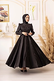 TAŞ BONCUK İŞLEMELİ KABARIK ETEKLİ TESETTÜR ABİYE (K18450)