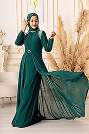 İNCİ DETAYLI BÜYÜK BEDEN KREP VE ŞİFON KUMAŞ TESETTÜR ABİYE  (K1040)